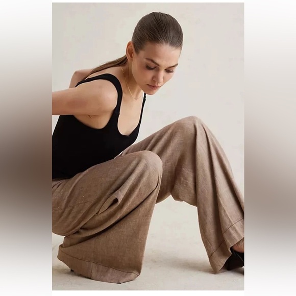 Anthropologie Linen Low Rise Wide Leg Pants Tan Size 14 - Picture 11 of 15